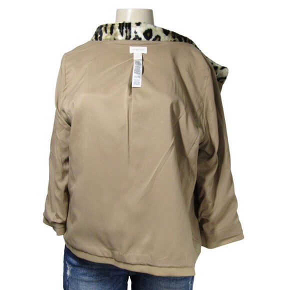 CHICOS Camel Tan LEOPARD Animal Print Faux fur Collar Retro Swing Jacket 1 M 8 - Picture 9 of 14